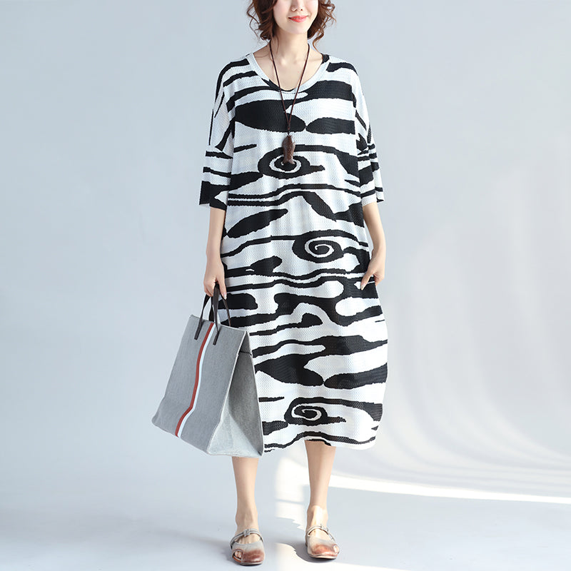 Black Cotton Knee Dress Dress New Short Sleeve Asymmetric Striped Cotton Dresses