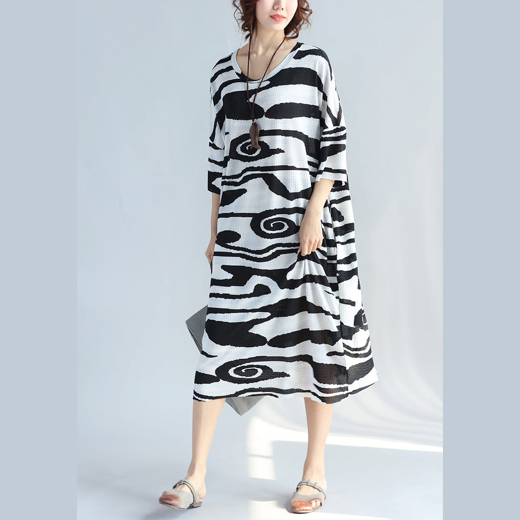 Black Cotton Knee Dress Dress New Short Sleeve Asymmetric Striped Cotton Dresses