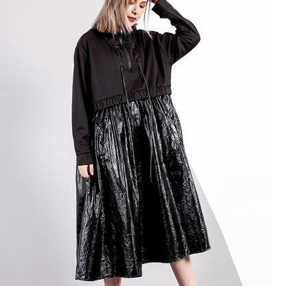 Black Fall Oversized Traveling Clothing Drawstring Hooded Patchwork Dresses