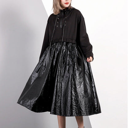 Black Fall Oversized Traveling Clothing Drawstring Hooded Patchwork Dresses