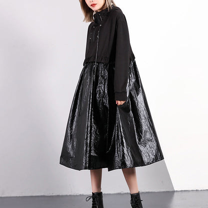 Black Fall Oversized Traveling Clothing Drawstring Hooded Patchwork Dresses