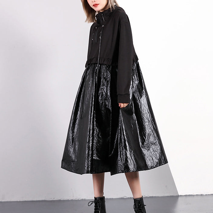 Black Fall Oversized Traveling Clothing Drawstring Hooded Patchwork Dresses