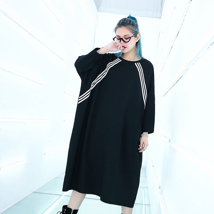 Black Knee Traveling Dress Batwing Sleeve Baggy Dresses Fine O Neck Cotton Dresses