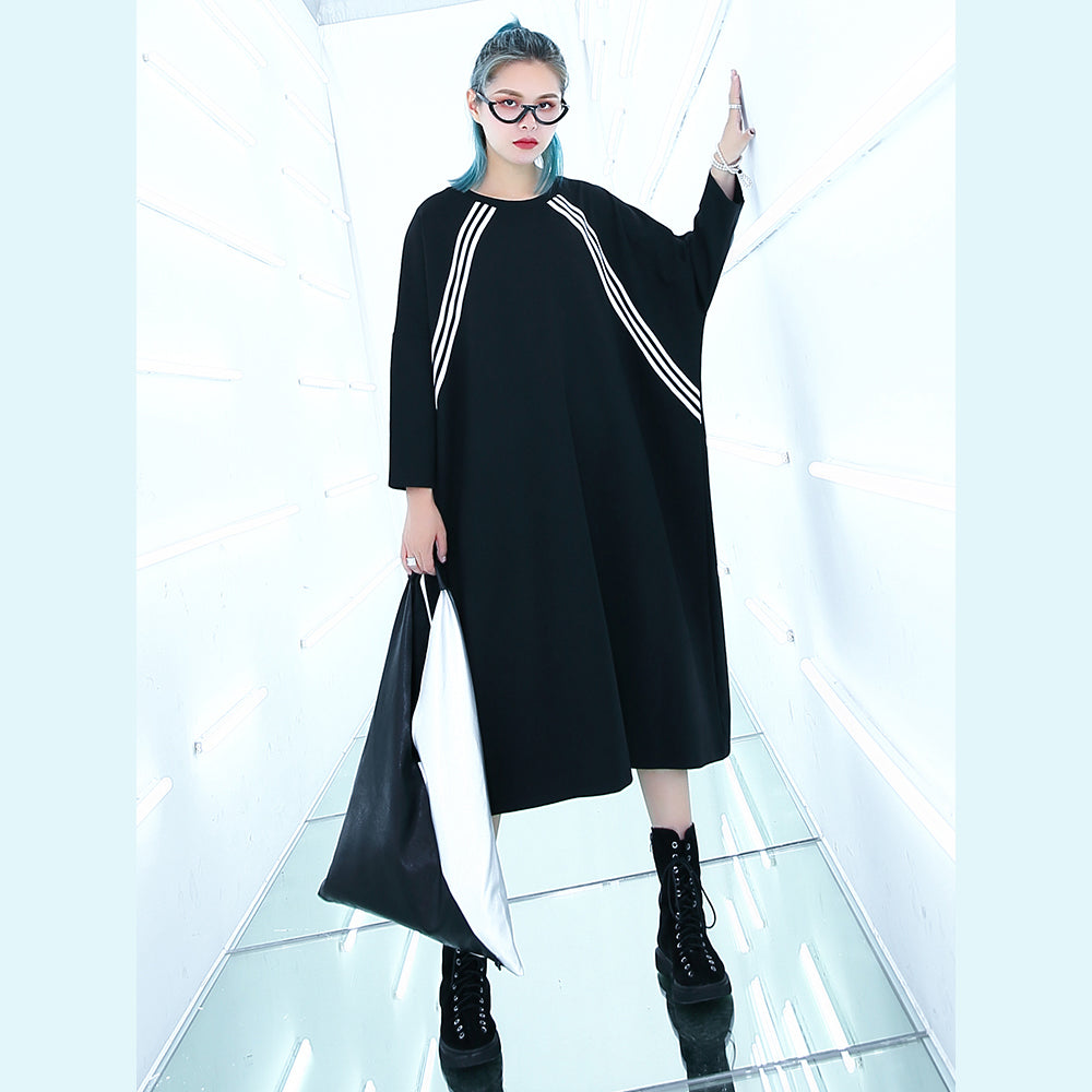 Black Knee Traveling Dress Batwing Sleeve Baggy Dresses Fine O Neck Cotton Dresses