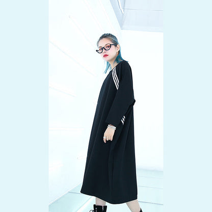 Black Knee Traveling Dress Batwing Sleeve Baggy Dresses Fine O Neck Cotton Dresses