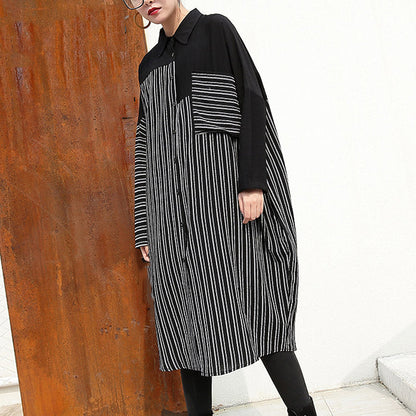 Black Linen Dresses Loose Fitting Linen Clothing Dresses Fine Patchwork Striped Cotton Clothing