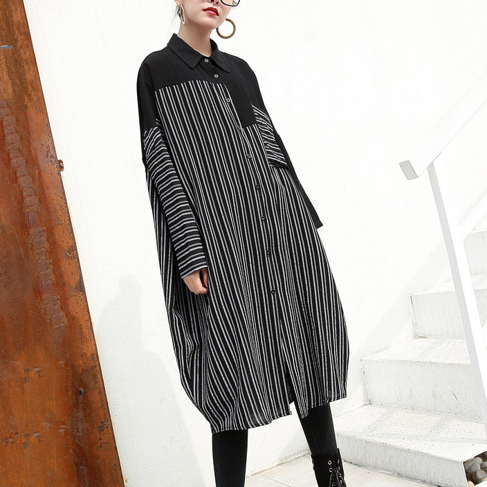 Black Linen Dresses Loose Fitting Linen Clothing Dresses Fine Patchwork Striped Cotton Clothing