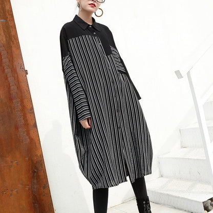 Black Linen Dresses Loose Fitting Linen Clothing Dresses Fine Patchwork Striped Cotton Clothing