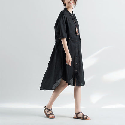 Black Natural Cotton Dress Oversize Clothing Dresses Half Sleeve Stand Natural Cotton Dress