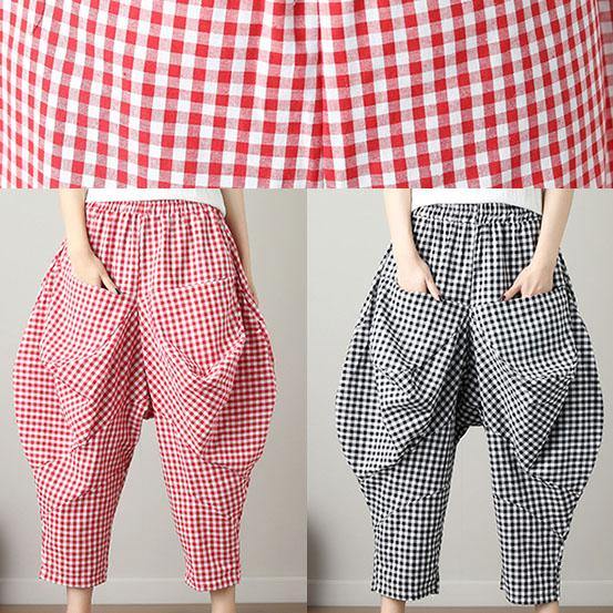 Black Plaid Cotton Pants Big Pockets Crop Pants