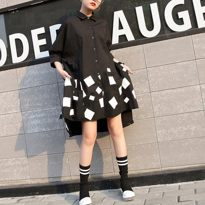 Black Print Cotton Tops Cotton T Shirt Asymmetric Side Open Cotton Tops