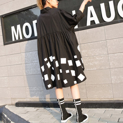 Black Print Cotton Tops Cotton T Shirt Asymmetric Side Open Cotton Tops
