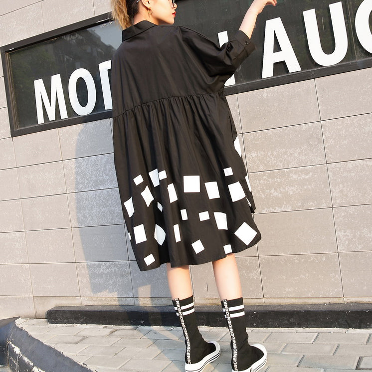 Black Print Cotton Tops Cotton T Shirt Asymmetric Side Open Cotton Tops