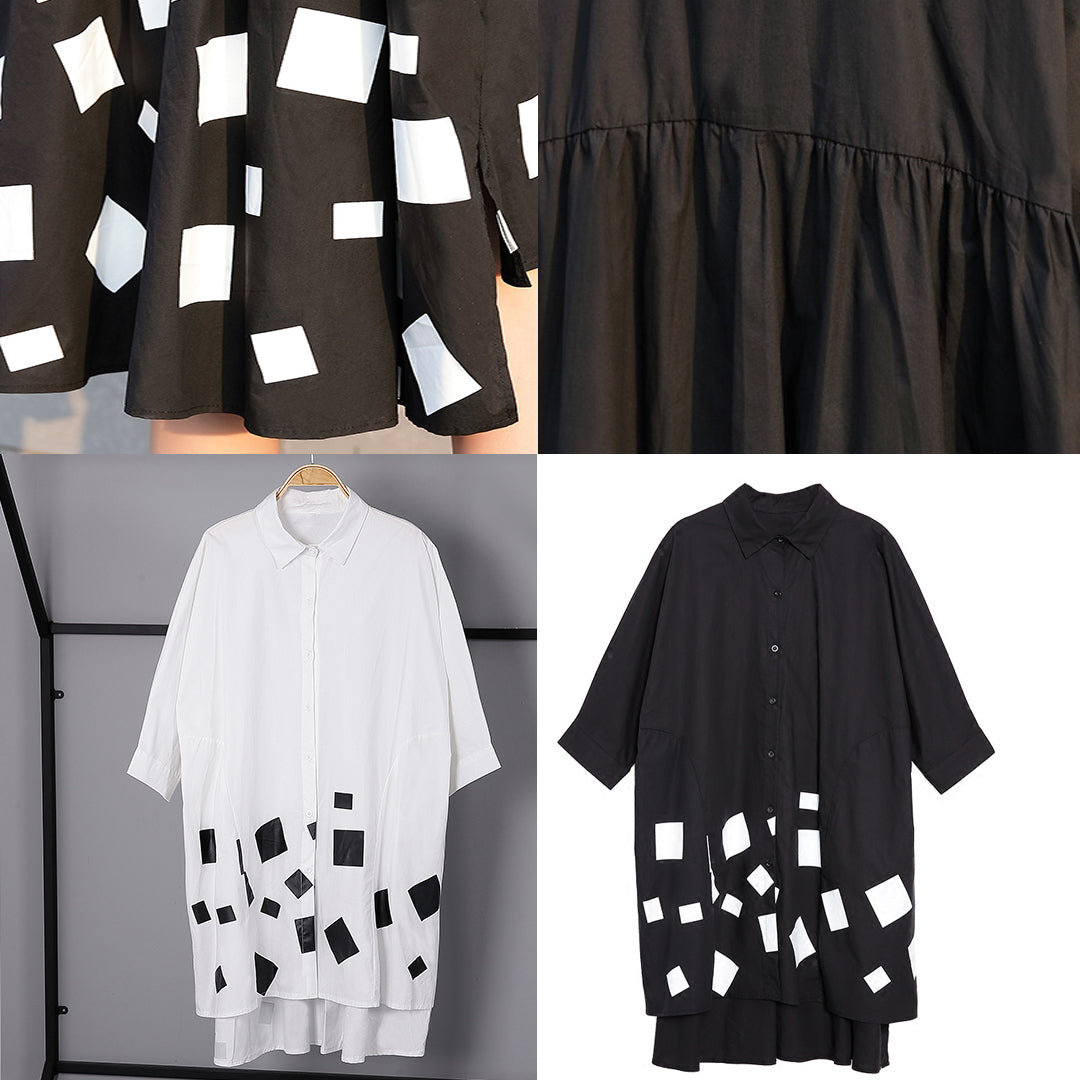 Black Print Cotton Tops Cotton T Shirt Asymmetric Side Open Cotton Tops