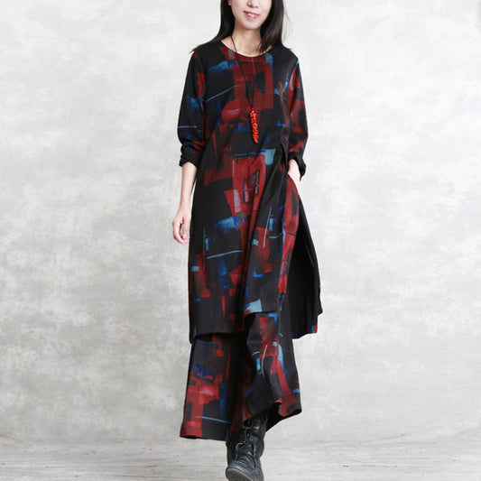 Black Red Print Pure Cotton Blended Two Picese New Long Sleeve Asymmetrical Design O Neck and Baggy Pants