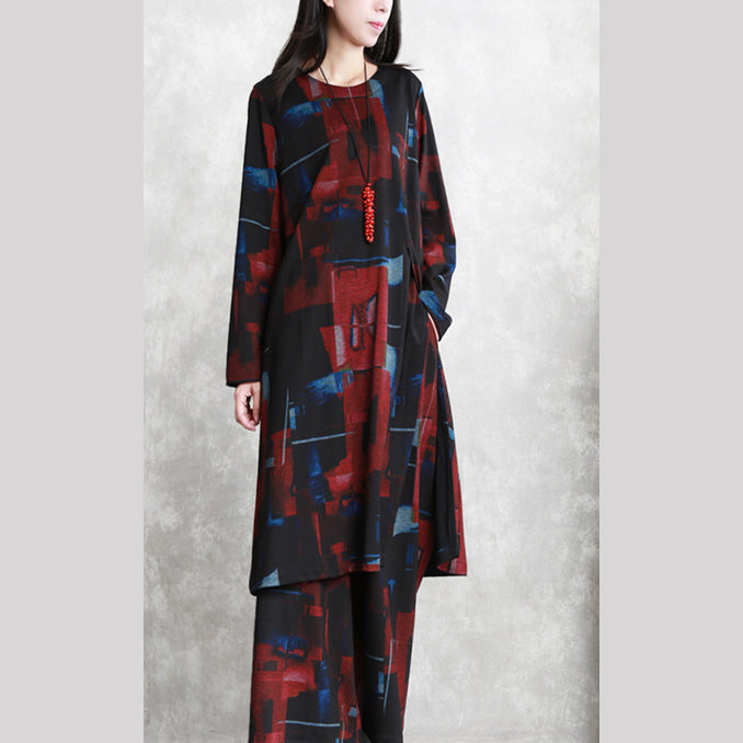 Black Red Print Pure Cotton Blended Two Picese New Long Sleeve Asymmetrical Design O Neck and Baggy Pants