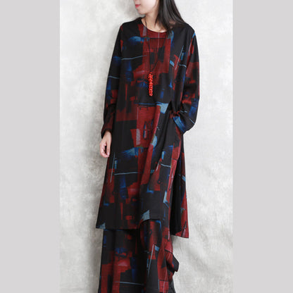 Black Red Print Pure Cotton Blended Two Picese New Long Sleeve Asymmetrical Design O Neck and Baggy Pants