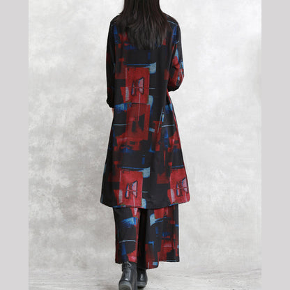Black Red Print Pure Cotton Blended Two Picese New Long Sleeve Asymmetrical Design O Neck and Baggy Pants