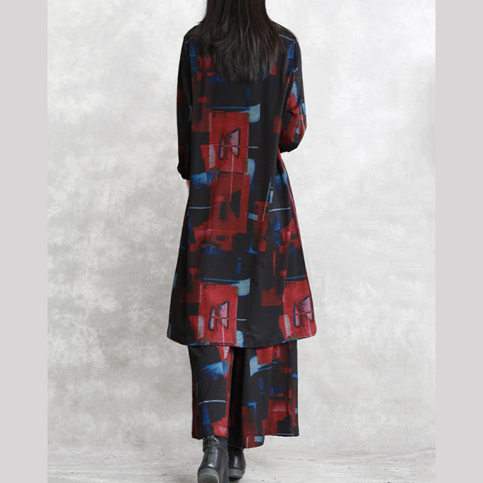 Black Red Print Pure Cotton Blended Two Picese New Long Sleeve Asymmetrical Design O Neck and Baggy Pants