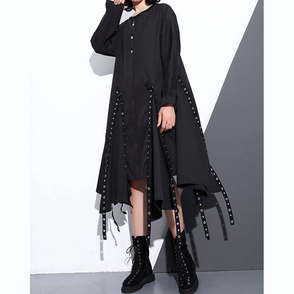 Black Silk Cotton Maxi Dress O Neck Baggy Silk Cotton Clothing Dress Boutique Asymmetrical Design Autumn Dress