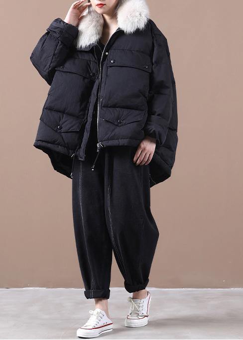 Black Warm Winter Coat Parka Faux Fur Collar Drawstring Coats