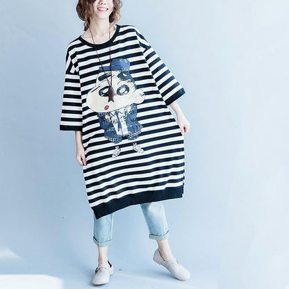 Black White Striped Cotton Dresses Cotton Clothing Dress Side Open Striped Clothing Dress