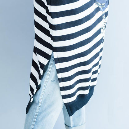 Black White Striped Cotton Dresses Cotton Clothing Dress Side Open Striped Clothing Dress