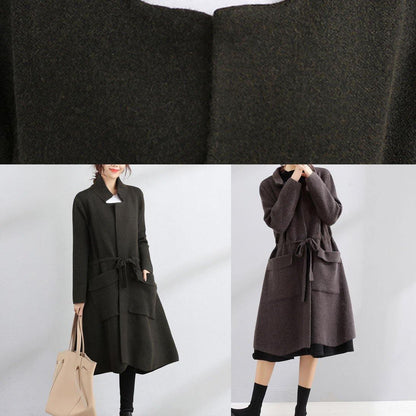 Black Wool Coat Trench Coat Fall Square Collar Tie Waist