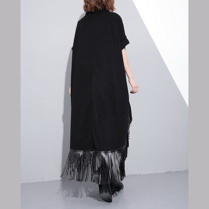 Black Wool Polyester Dresses Low High Design Clothing Dress Fine Tassel Maxi Dresses