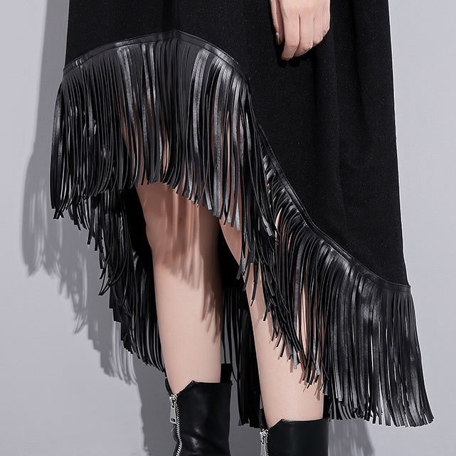Black Wool Polyester Dresses Low High Design Clothing Dress Fine Tassel Maxi Dresses
