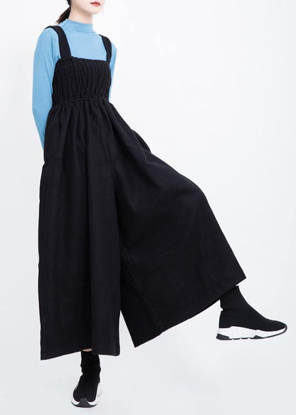 Black Cinched Wool Blended Pants Loose Jumpsuit Pants