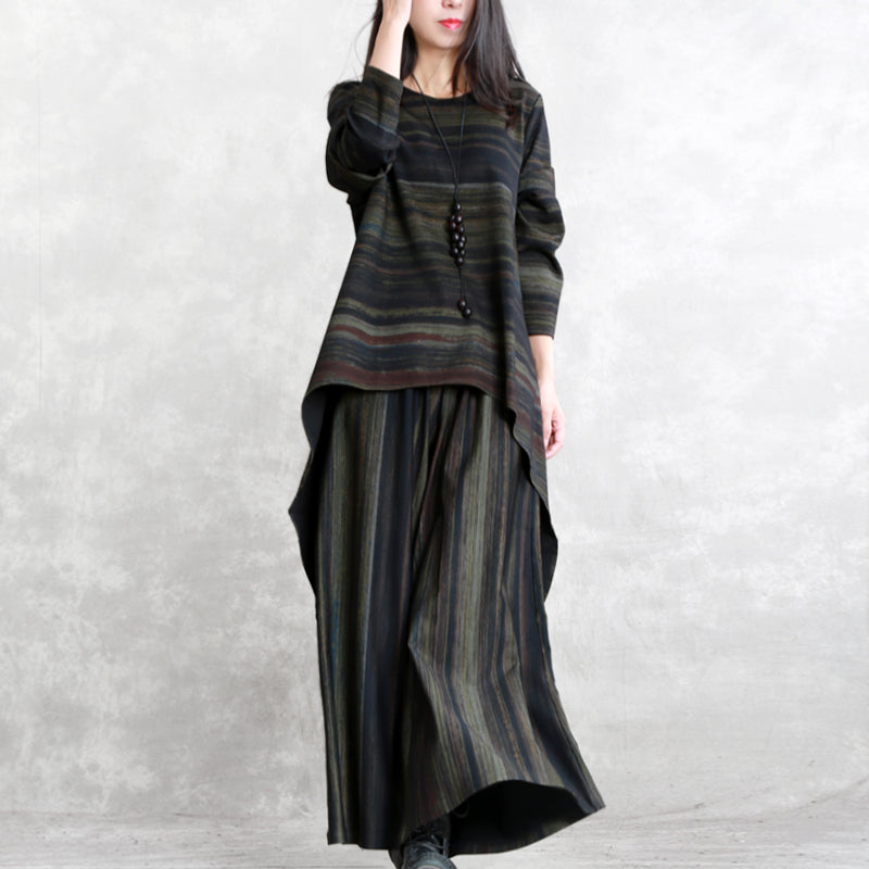 Blackish Green Striped Cotton Blended Tops Baggy Pants Long Sleeve O Neck Asymmetric Brief Two Pieces
