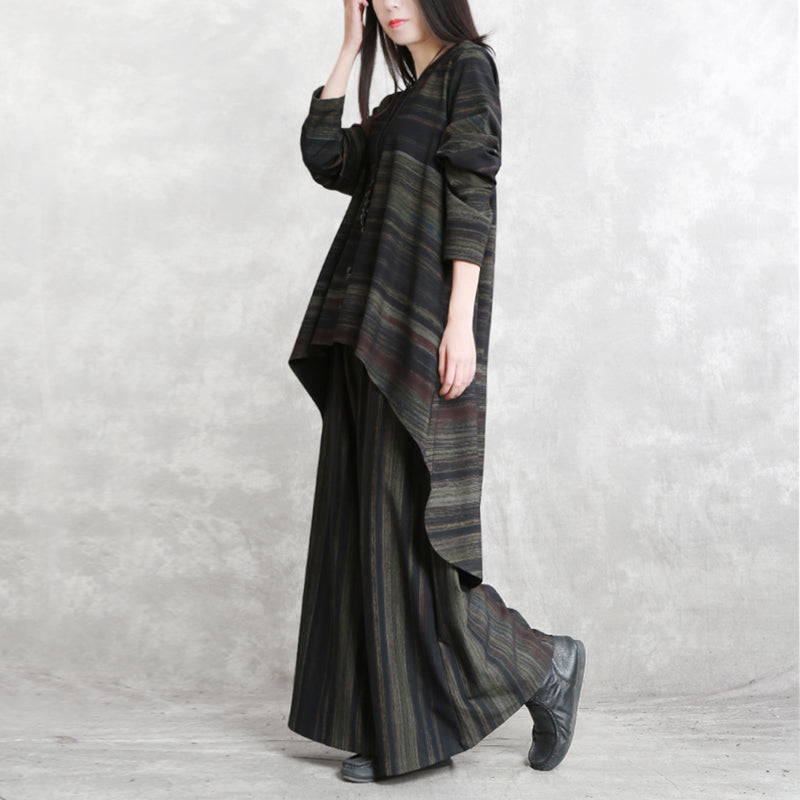 Blackish Green Striped Cotton Blended Tops Baggy Pants Long Sleeve O Neck Asymmetric Brief Two Pieces