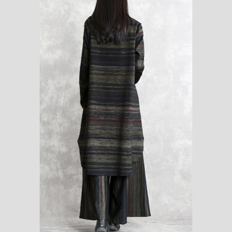 Blackish Green Striped Cotton Blended Tops Baggy Pants Long Sleeve O Neck Asymmetric Brief Two Pieces