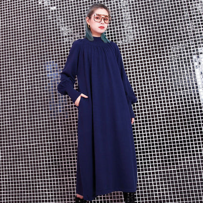 Blue Fall Stand Collar Traveling Dress Pockets Baggy Dresses