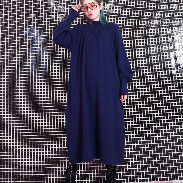Blue Fall Stand Collar Traveling Dress Pockets Baggy Dresses