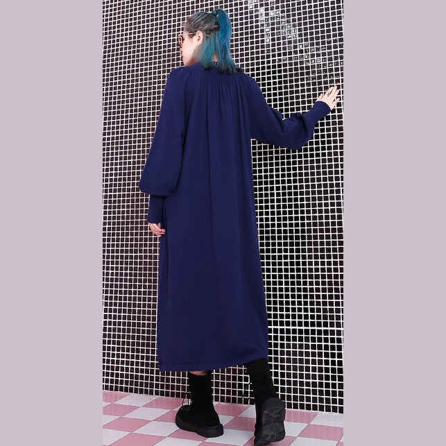 Blue Fall Stand Collar Traveling Dress Pockets Baggy Dresses