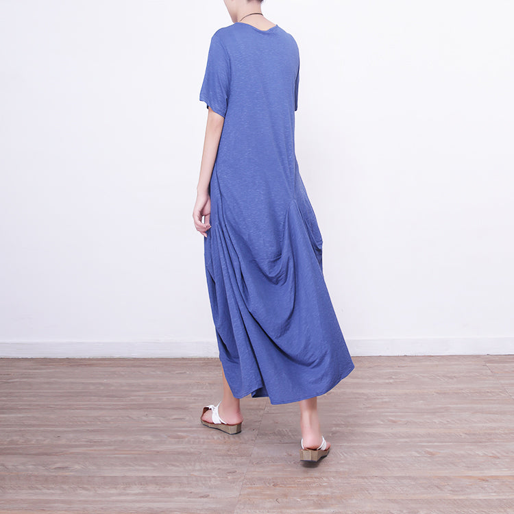 Blue Linen Maxi Dress Oversize O Neck Linen Maxi Dress Asymmetric Kaftans