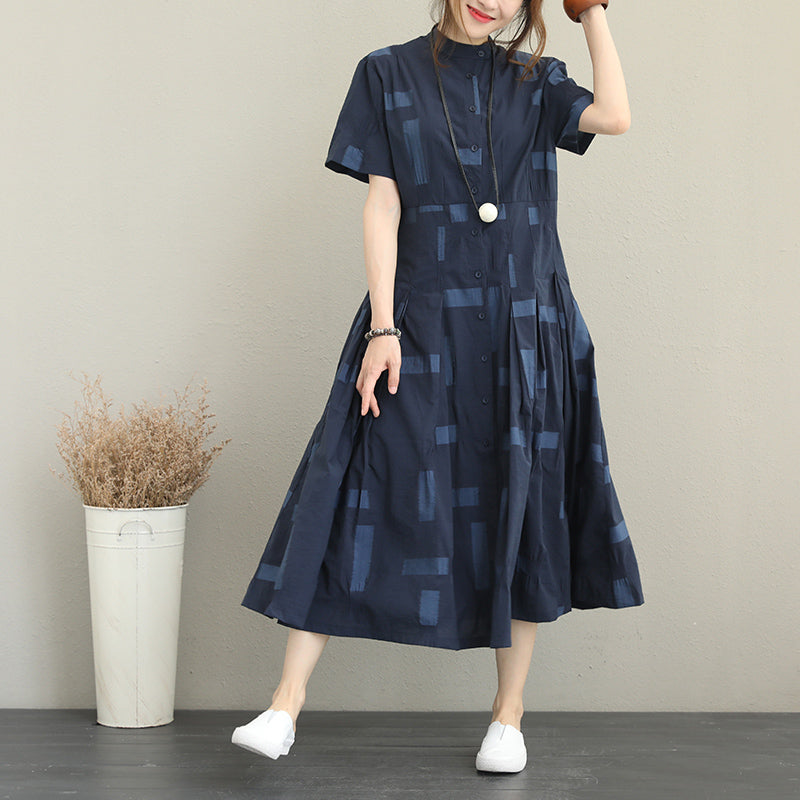 Blue Natural Cotton Dress Loose Fitting Stand Collar Caftans Boutique Big Hem Shirt Maxi Dresses