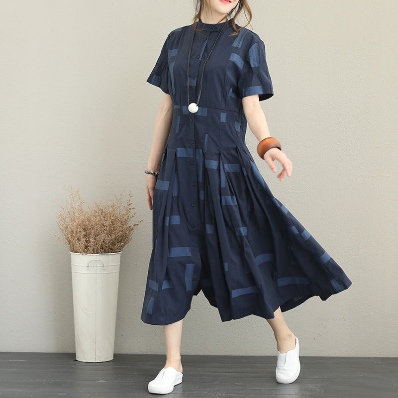 Blue Natural Cotton Dress Loose Fitting Stand Collar Caftans Boutique Big Hem Shirt Maxi Dresses