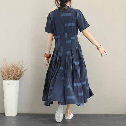 Blue Natural Cotton Dress Loose Fitting Stand Collar Caftans Boutique Big Hem Shirt Maxi Dresses