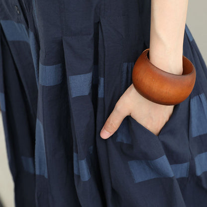 Blue Natural Cotton Dress Loose Fitting Stand Collar Caftans Boutique Big Hem Shirt Maxi Dresses