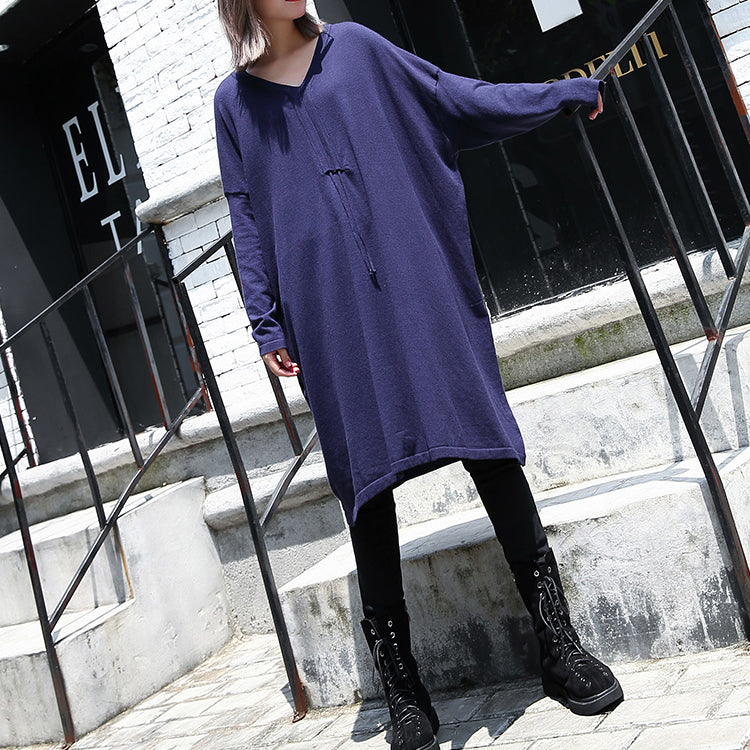 Blue Baggy Dresses V Neck Drawstring Cotton Blended Dress