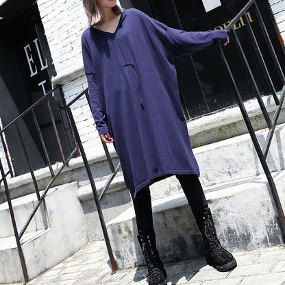 Blue Baggy Dresses V Neck Drawstring Cotton Blended Dress