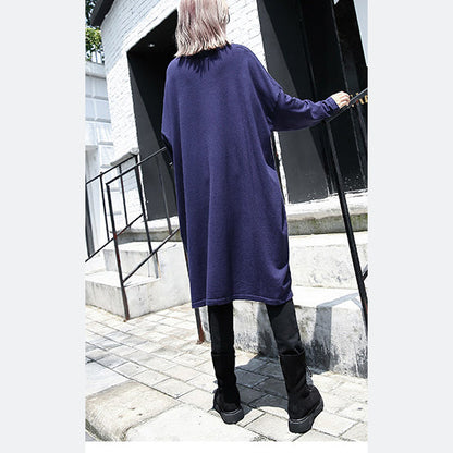 Blue Baggy Dresses V Neck Drawstring Cotton Blended Dress