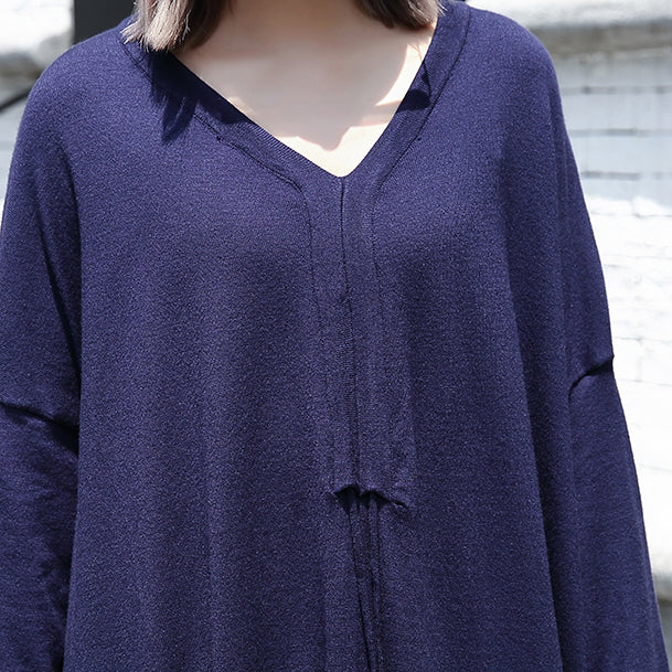 Blue Baggy Dresses V Neck Drawstring Cotton Blended Dress
