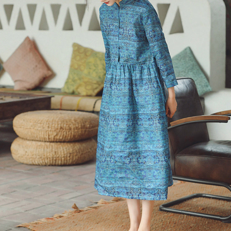 Blue Print Midi-length Cotton Linen Dress Cotton Linen Dresses Stand Natural Cotton Linen Dress
