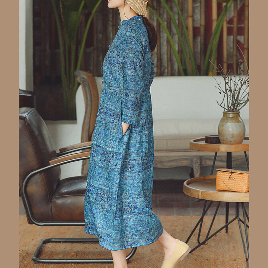 Blue Print Midi-length Cotton Linen Dress Cotton Linen Dresses Stand Natural Cotton Linen Dress