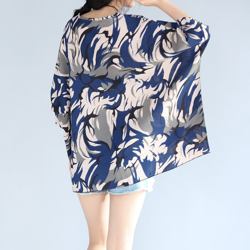 Blue Prints Pure Cotton Blouse Oversize Holiday Tops Boutique O Neckhalf Sleeve Cotton Blouses