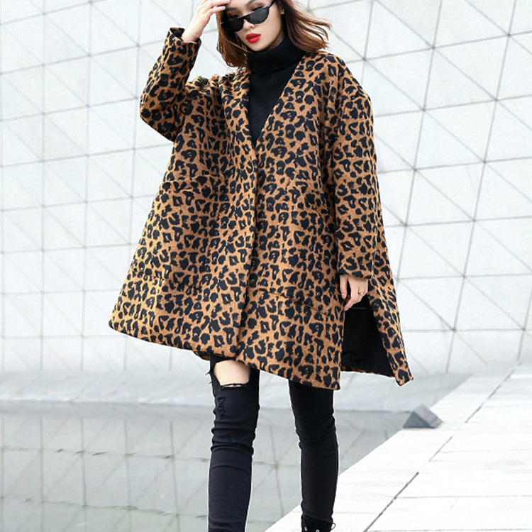 Brown Leopard Coat V Neck Pockets Winter Coat Side Open Coats
